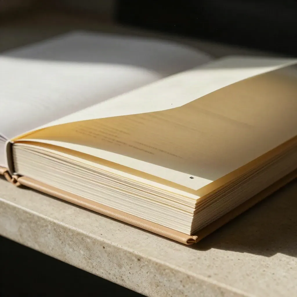 Close-up of a thick SEO audit folder with cream pages and paper dust on a pale stone ledge.