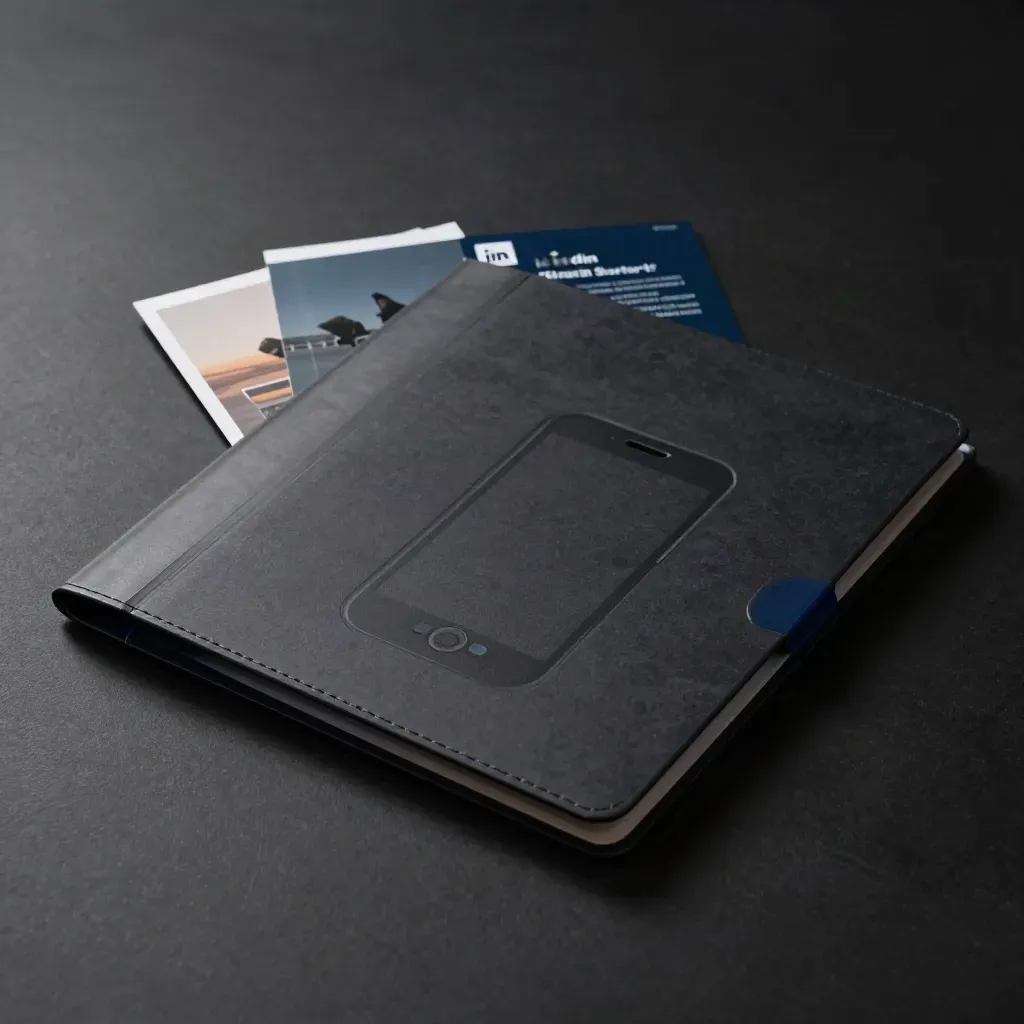Dark folder, phone silhouette and folded slips on matte-black surface with blue accent.