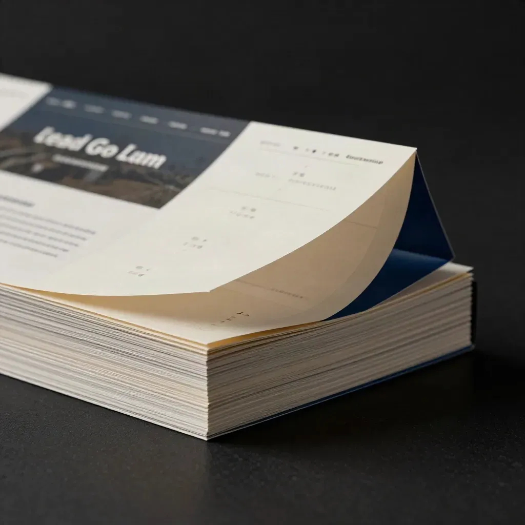 Stacked landing-page sheets with a slim binder clip on a black surface, lit in cool rim light.