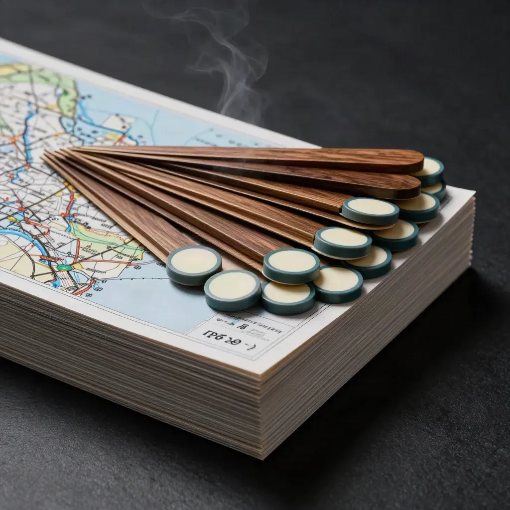 Dark studio still life of a local map pack boost kit with teal markers and folded route sheet.
