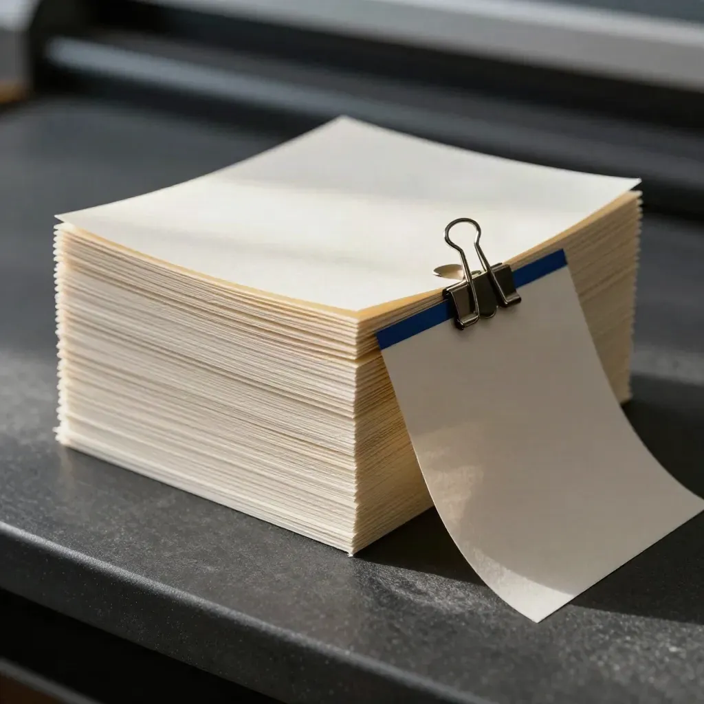 Cream PPC copy cards clipped with a dark clip and folded swatch in dramatic side light.