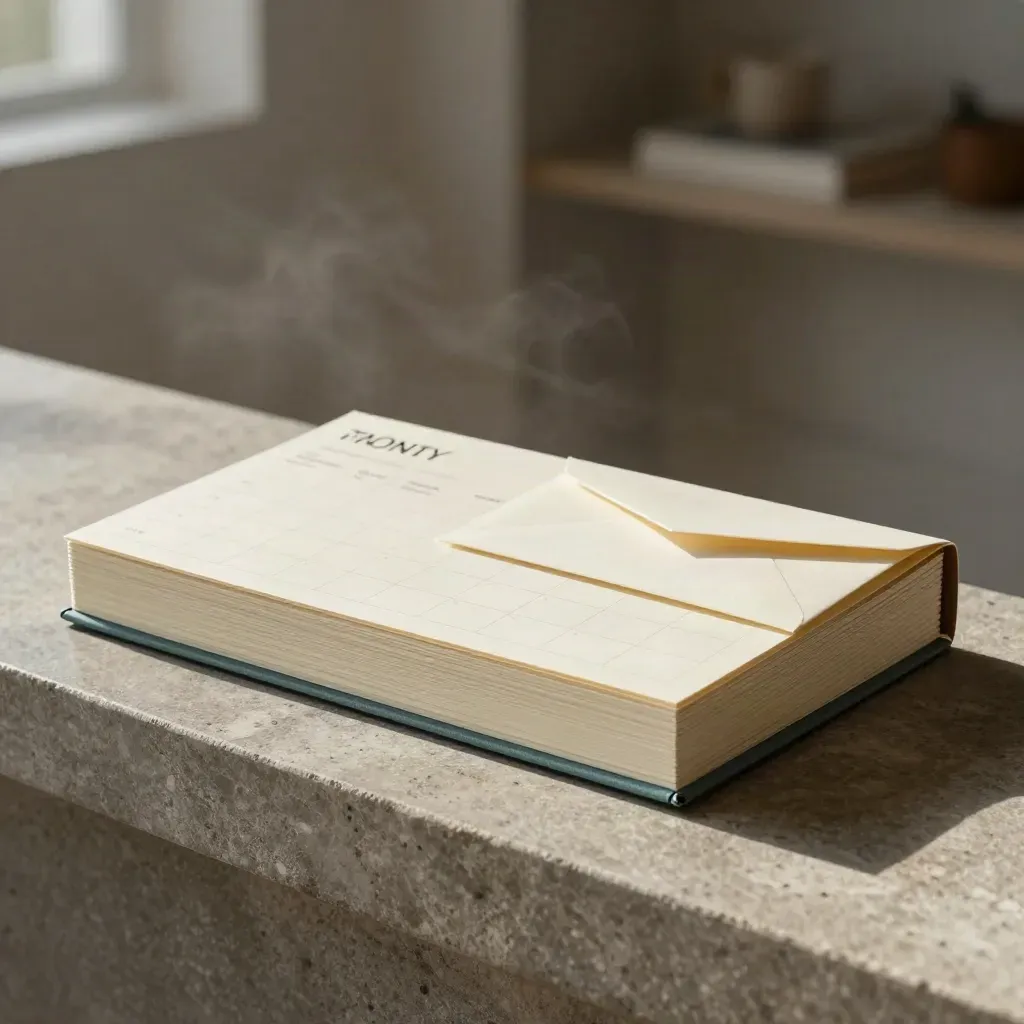 Monthly content plan kit with cards, notebook and envelope on a stone ledge