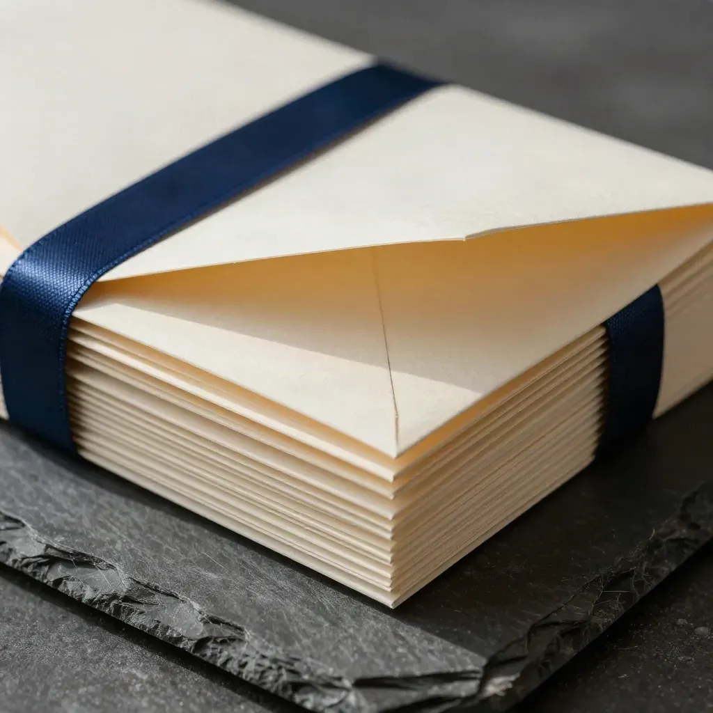 Macro of stacked envelopes, folded note cards and a deep blue ribbon band on a slate tray.