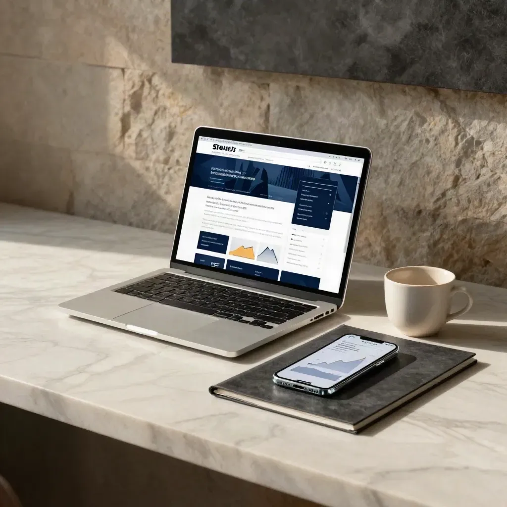 SEO audit laptop and analytics props on a pale marble surface with soft stone wall light